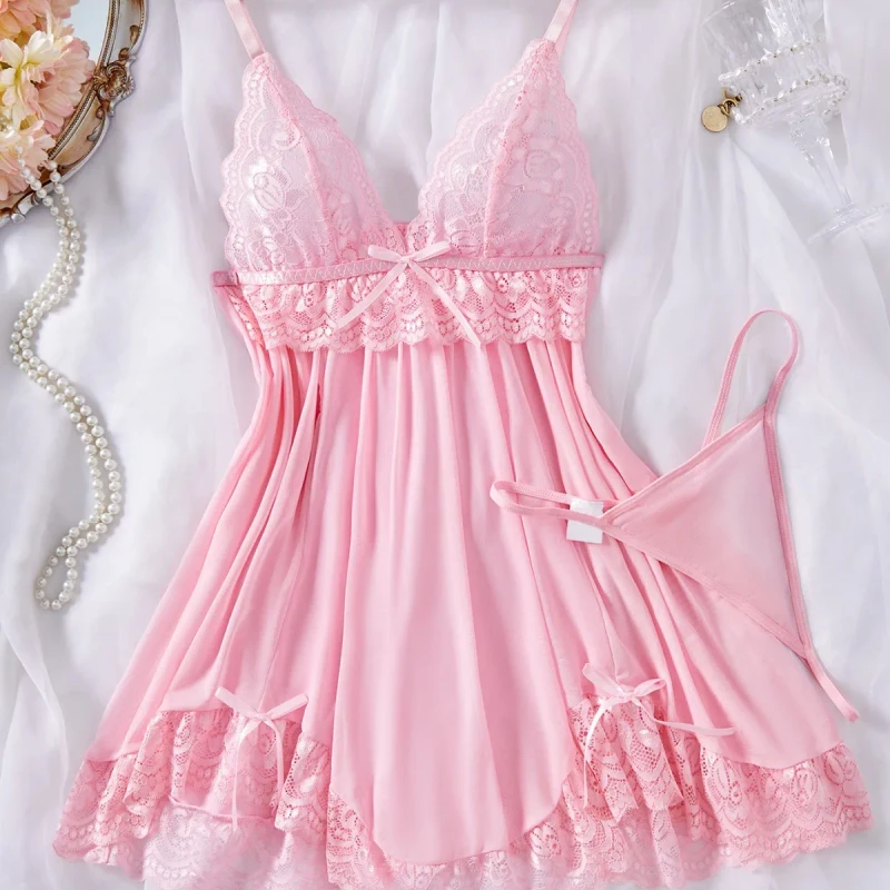 European and American Style Two Piece Lace Lingerie Set Semi Transparent Camisole with Irregular Hem and Nightgown ODM Supply