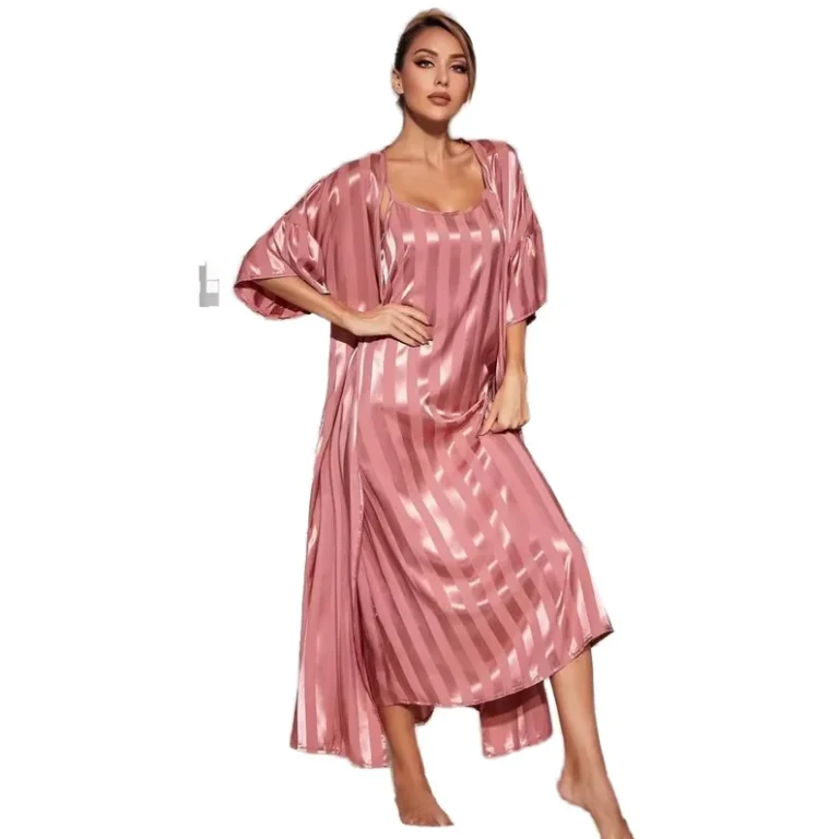 European-and-American-Womens-Fashionable-Casual-Two-Piece-Set-Stripe-Suspender-Pajamas-and-Long-Robe-Coat-for-Summer