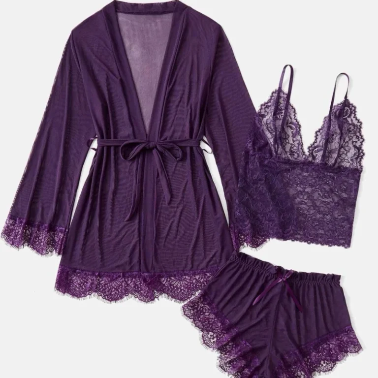 European-and-American-Womens-Lace-Camisole-Womens-Summer-Pajamas-with-Nightgown-Casual-and-Comfortable-3-piece-Set