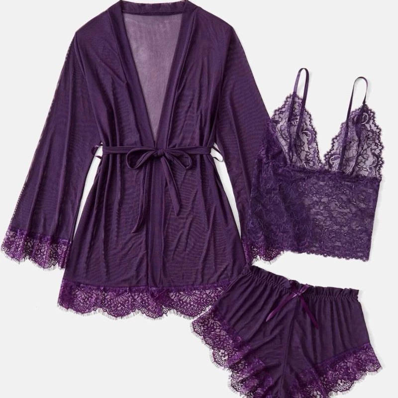 European and American Women's Lace Camisole Women's Summer Pajamas with Nightgown Casual and Comfortable 3 piece Set