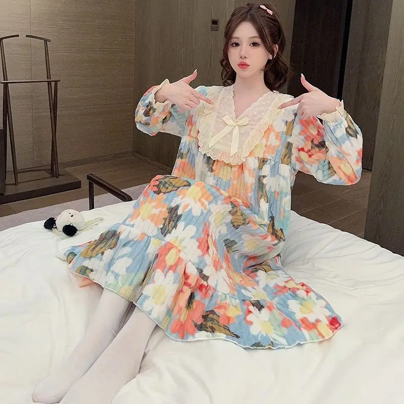 Exquisite Cartoon Printed Pajama Winter Flannel V neck Lace Trim Sleepwear Women's Thickened and Sweet Princess Style Nightdress