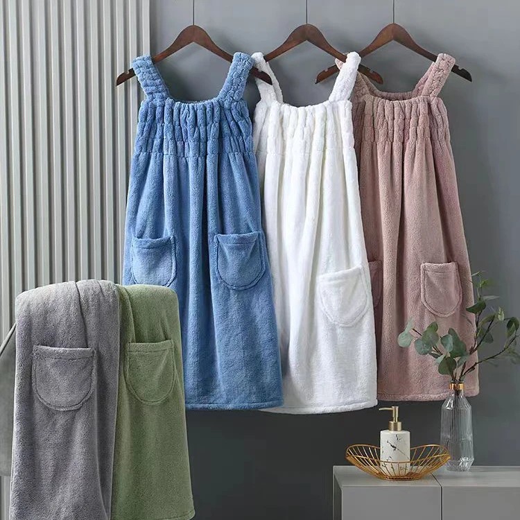 FF4276 Women's Elastic Straps Bathrobe Dress Terry Cloth Spa Towel Robe Absorbent Adjustable Microfiber Bath Shower Wrap