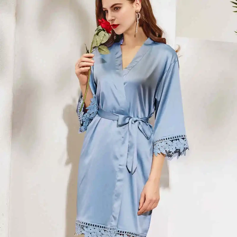 FUNG 3031 Women Sexy Lace Satin Night Dressing Gown Bath Robes Sleep Wear Ladies Kimono Robe