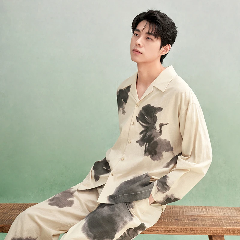 Factory 100% Cotton Casual Long Sleeve Pajama Set Soft Breathable Animal Print for Men's Home Relaxation