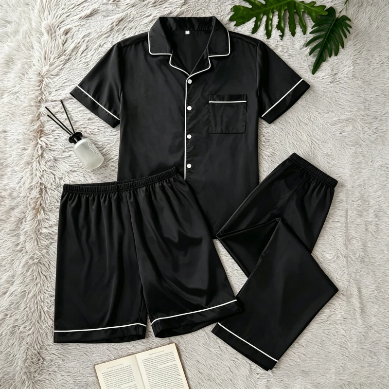 Factory Casual Breathable Soft Satin Smooth Three Piece Pajama Set Solid Color Lapel Comfortable Men's Pajamas