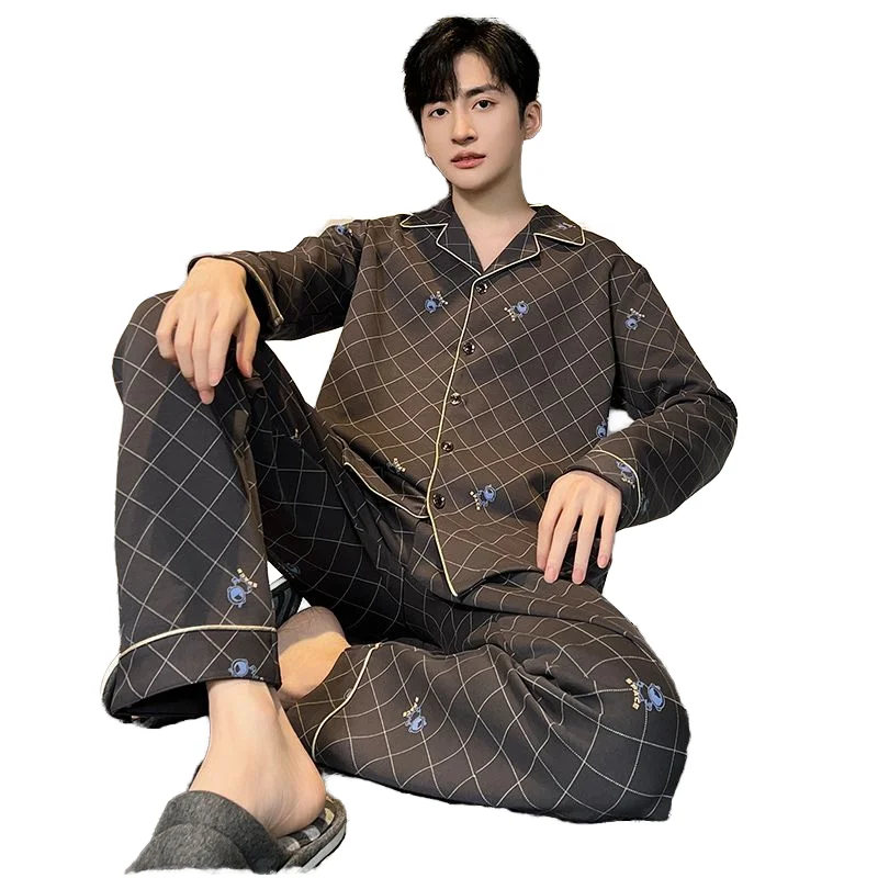 Factory Custom Logo Autumn Winter Men's Pajamas Set Comfortable Soft Cotton Cardigan Lapel Long Sleeve Pajamas