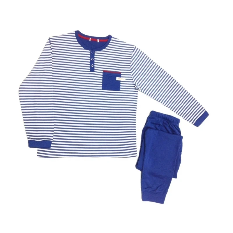 Factory Custom Luxury Plus Size Men's Knitted 2pc Winter Thermal Navy Stripe Button Homewear Loungewear Pajamas