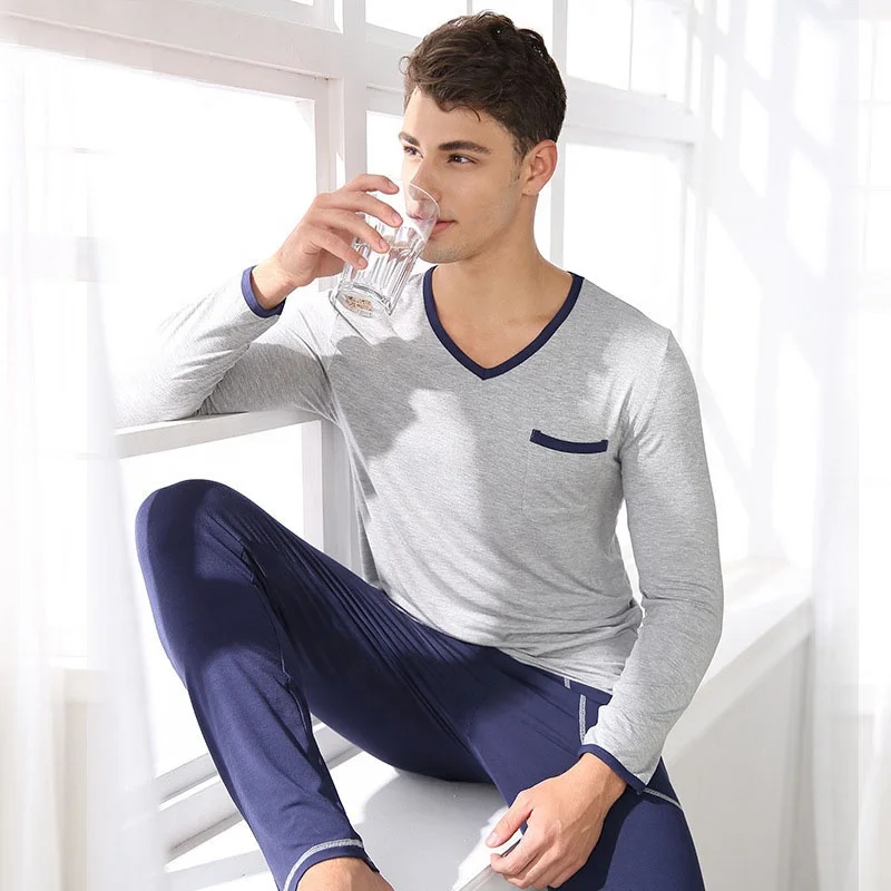 Factory Custom Made Bulk Knitted Men's Winter Viscose Long Sleeve V Neck Luxury Plus Size Thermal Plaid Sleepwear Pajama