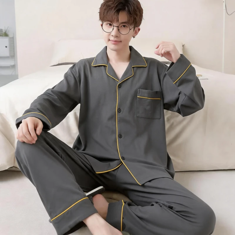 Factory Custom Men's Casual Long Sleeve Satin Pajamas with Piping Soft Loungewear Sets Sleepwear Winter