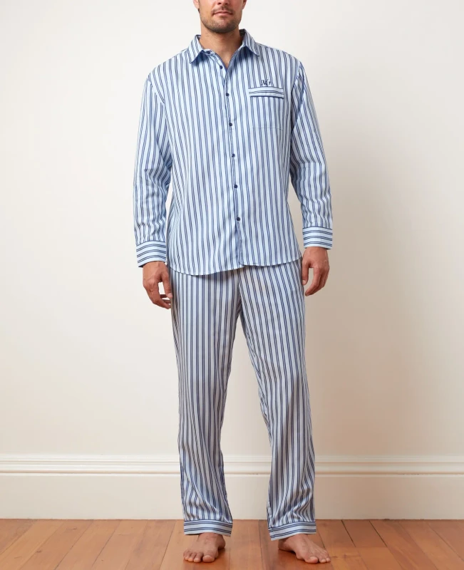 Factory Custom Stripe Print Men's Sleepwear Luxury 2 Piece Long Sleeve Designer Men Cotton Satin Pajamas Men Stripe Pyjamas