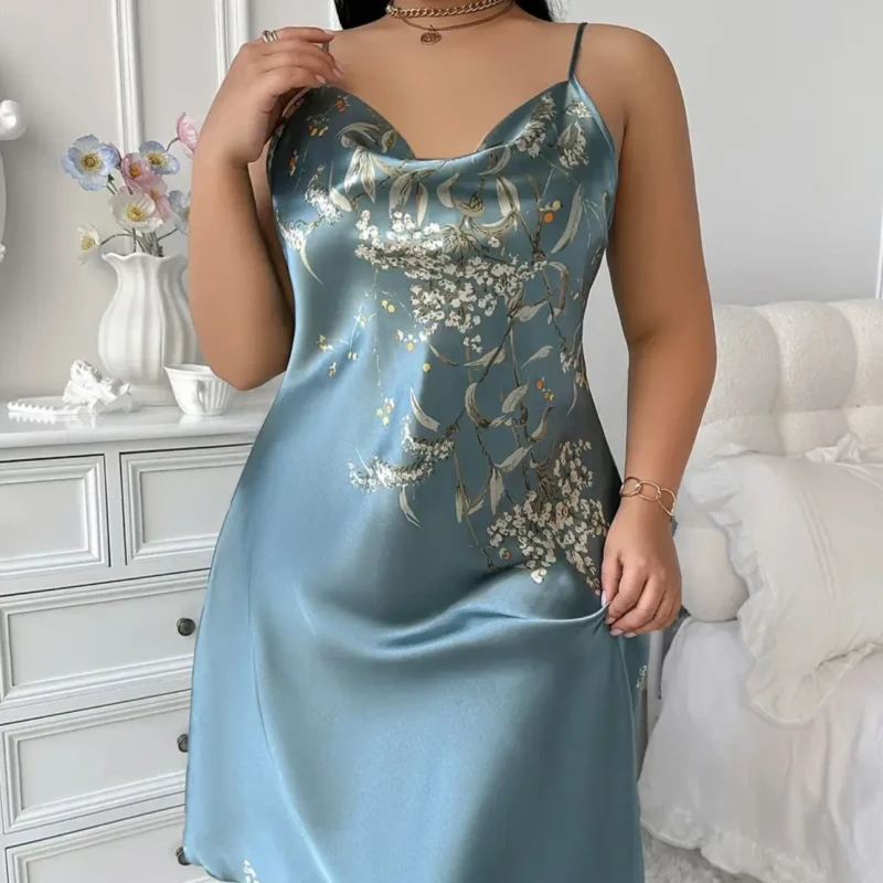 Factory Custom Women Breathable Floral Watermark Print Front V-neck Sleeveless Home Nightdress Summer Knee Length Plus