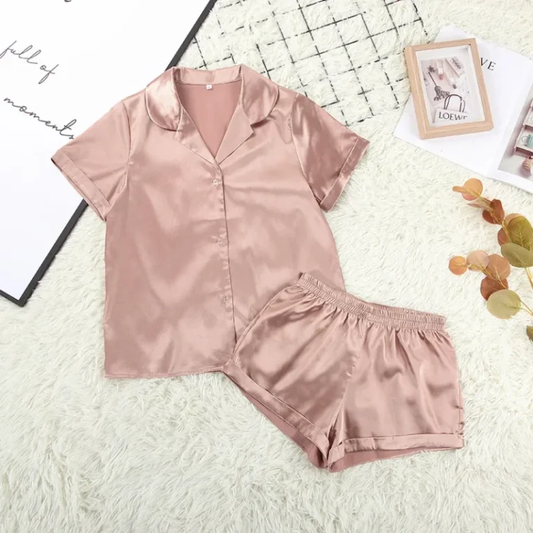 Factory-Custom-Women-Pajamas-Short-Sleeve-Candy-Color-2-Piece-Satin-Pajamas-Sets