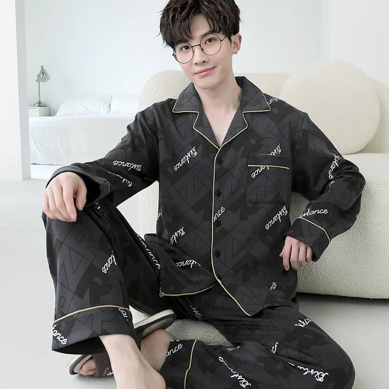 Factory Customization Designs Unisex Satin Summer Pajamas Lapel Long Sleeve Plus Size Breathable Loose Casual Home Wear 2 Piece
