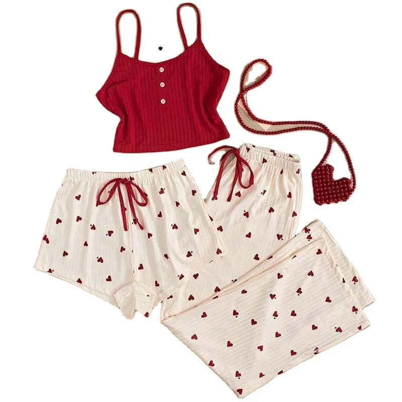 Factory Direct Sale Cotton Spring and Autumn Pajamas Women Three Piece Ins Style Set Loose Pull Edge Cute Girl Home Wear