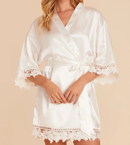 Factory Direct Sale Custom Logo Printed Women's Robes New Designed Satin Silk Soft Short Robes Lace Trim Cuffs for Casual Summer Pajama Set Custom for Women Custom