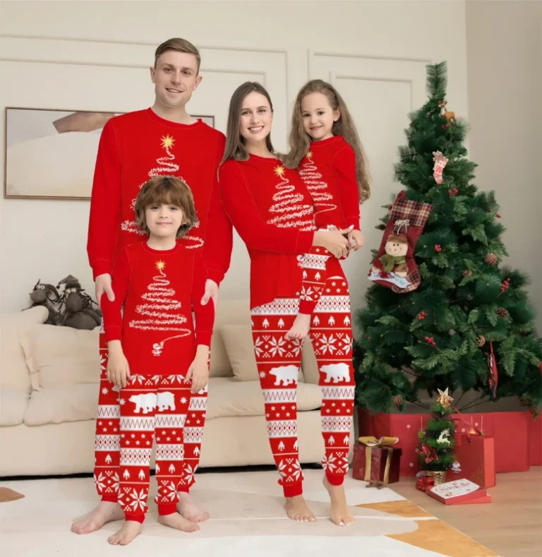 Factory-Direct-Sale-Family-Wear-Christmas-Tree-Printing-Round-Neck-Long-Sleeve-Pajamas-Home-Wear