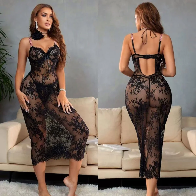 Factory Direct Sales Dress Embroidered Lace Nightgown Sling Long Dress Women's Sexy Lingerie