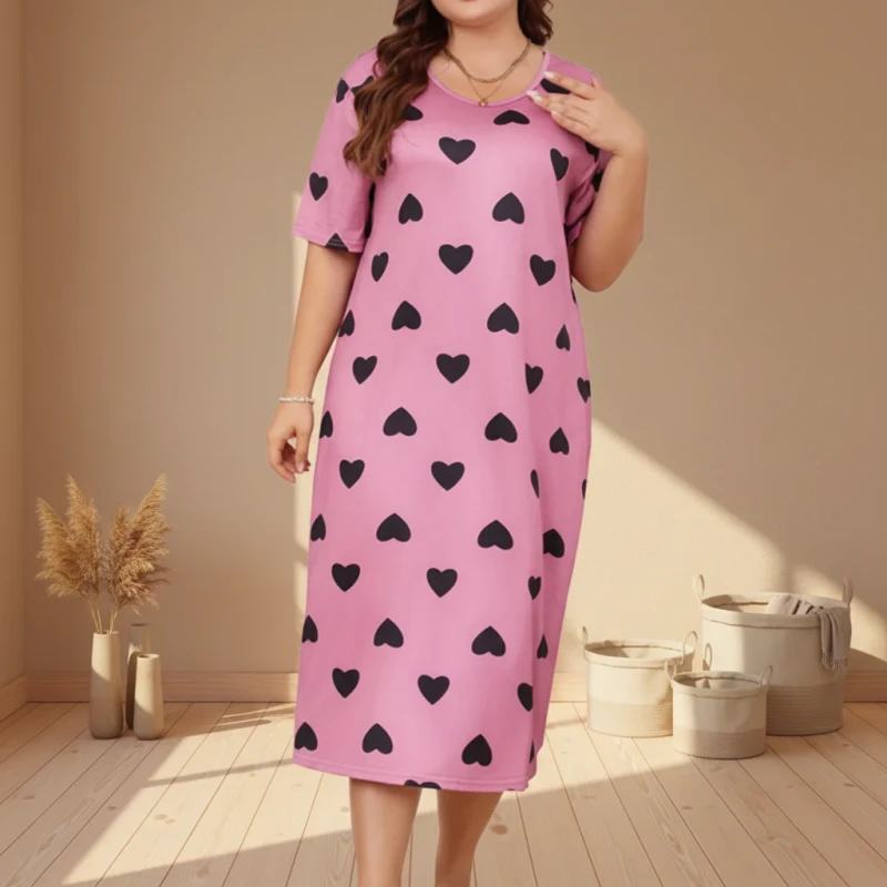 Factory Direct Sales Knitted Short Sleeves Neck Women Plus Size Breathable Summer Soft Knee Length HomeWear Nightdress Polyester