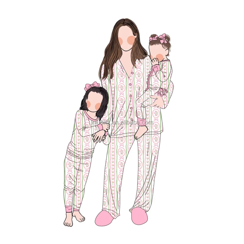 Factory Directly Sale 3pcs Bamboo Family Matching Set Family Pajamas Sleepwear Parent Child Clothing Set