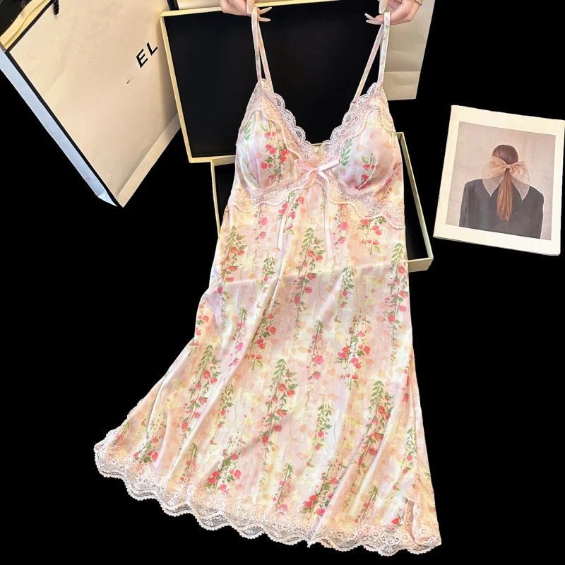 Factory Ice Silk Ribbed for Women Summer Cool Feeling Camisole Nightgown with Chest Pads Floral Lace Trim Alluring Nightdress