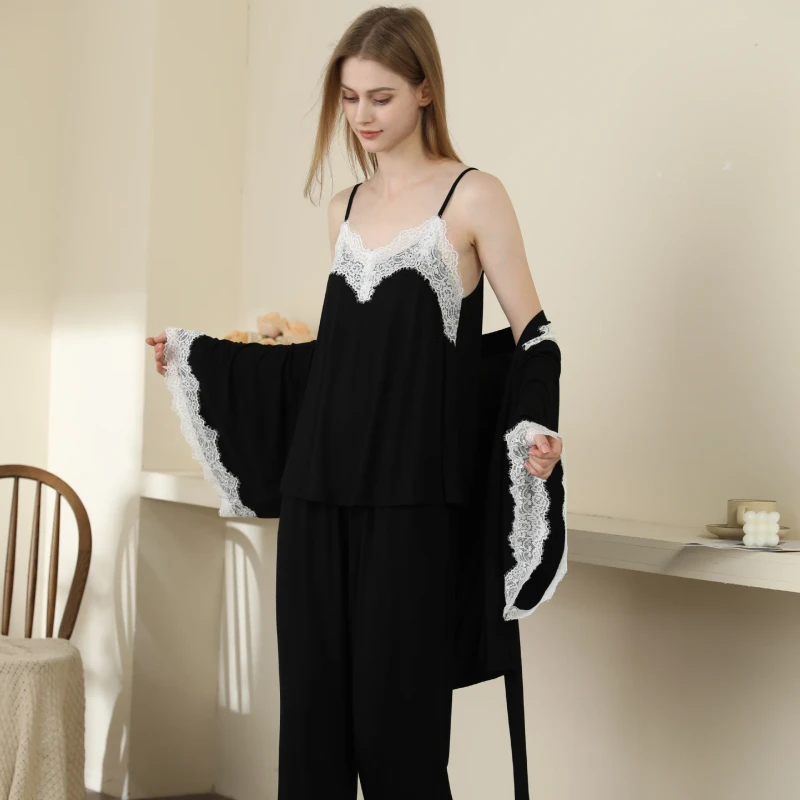 Factory ODM Custom Women's Pajamas Three-Piece Set Solid Color Simple Wind Lace Suspender Modal Loungewear Autumn