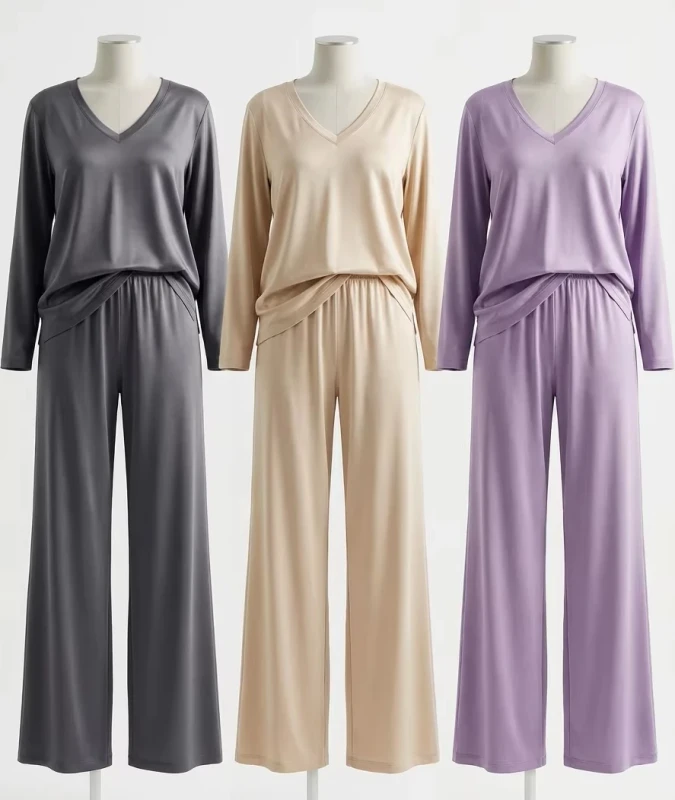 Factory OEM Bamboo Fabric Women's Sleepwear Full Length Soft Eco friendly Breathable Plain Dyed V neck Pijamas Mujer Four Season
