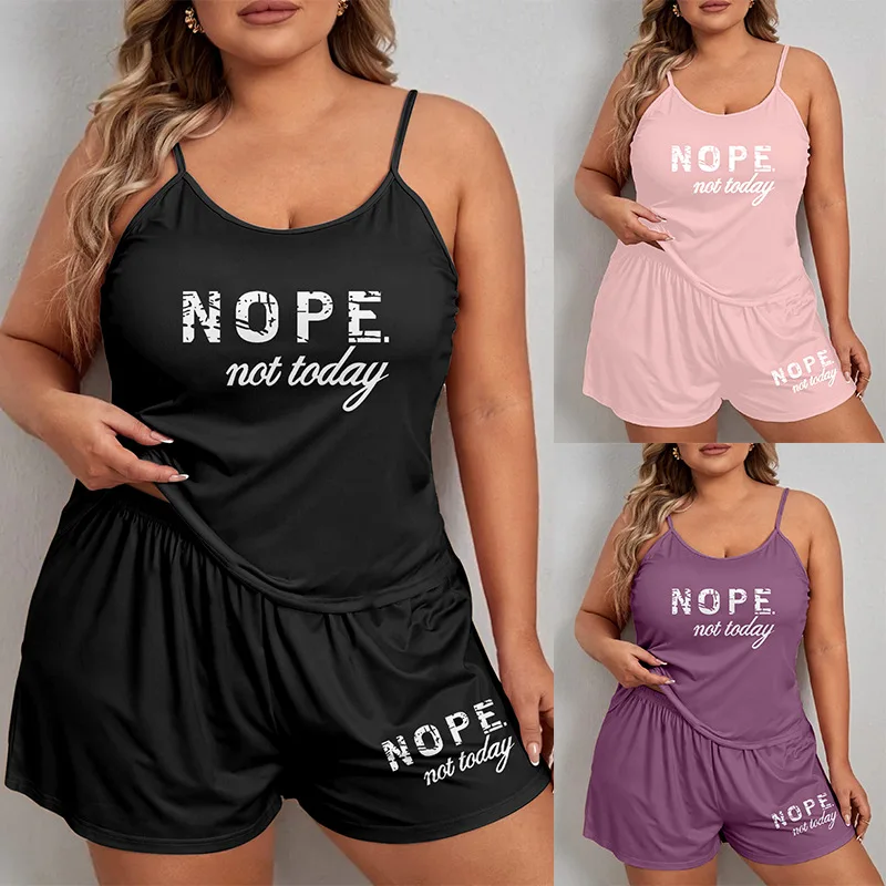 Factory OEM Logo Breathable 2-Piece Set Women's Pajamas Letter Print Top & Shorts Loose-Fit Plus Size Female Wearable Homewear