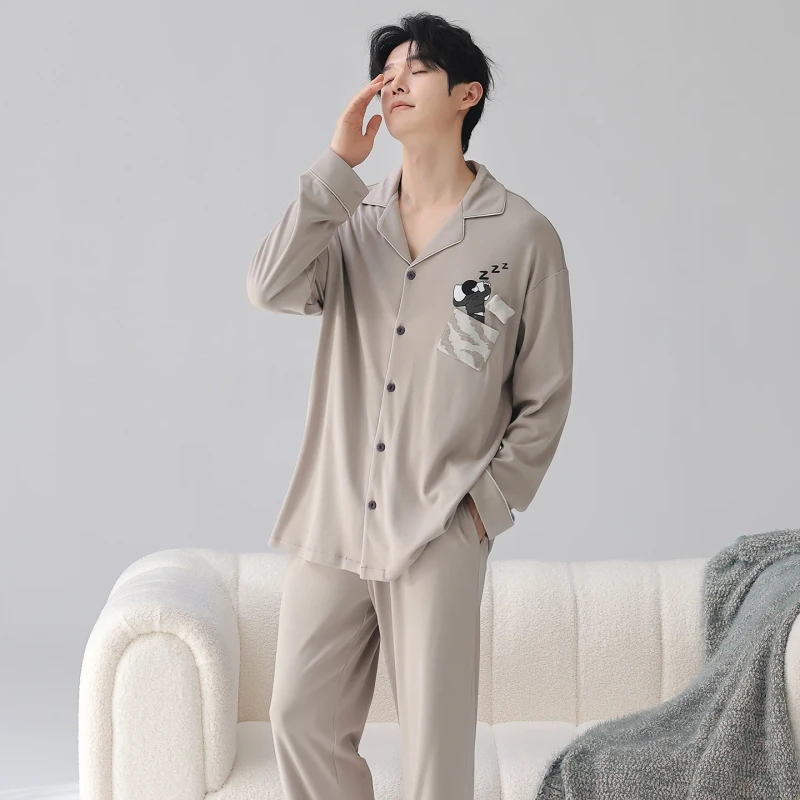 Factory OEM New Arrival Modal Pajamas Mens Long Sleeve Long Pants Set Breathable Comfortable Simple Lapel