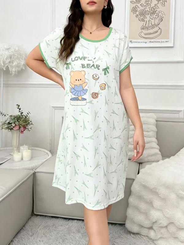 Factory OEM Summer High Quality Loose Soft Breathable Casual Sleepwear Cartoon Pattern Pijamas Comfortable Cute Nightdress Front