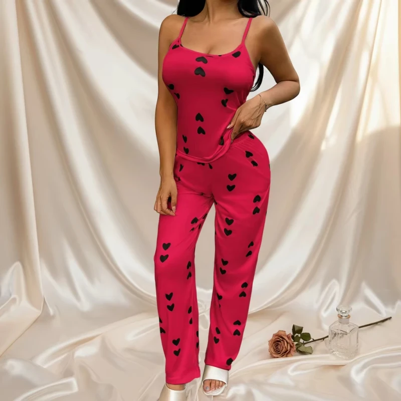 Factory OEM Women's Pajamas Sexy Heart Shape Camisole Pants Breathable Polyester Spandex Full Length Two Piece Set Pijamas Mujer