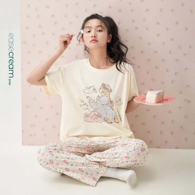 Factory Simple Casual Knitted Short Sleeve Cotton Solid Cooling Cartoon Cute Print Custom Logo Women's Pajamas for