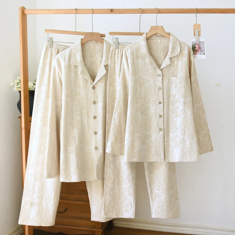 Factory Spring Autumn New Simple Casual Solid Color Linen Homewear Men's and Women's Pajamas Cotton and Linen Set