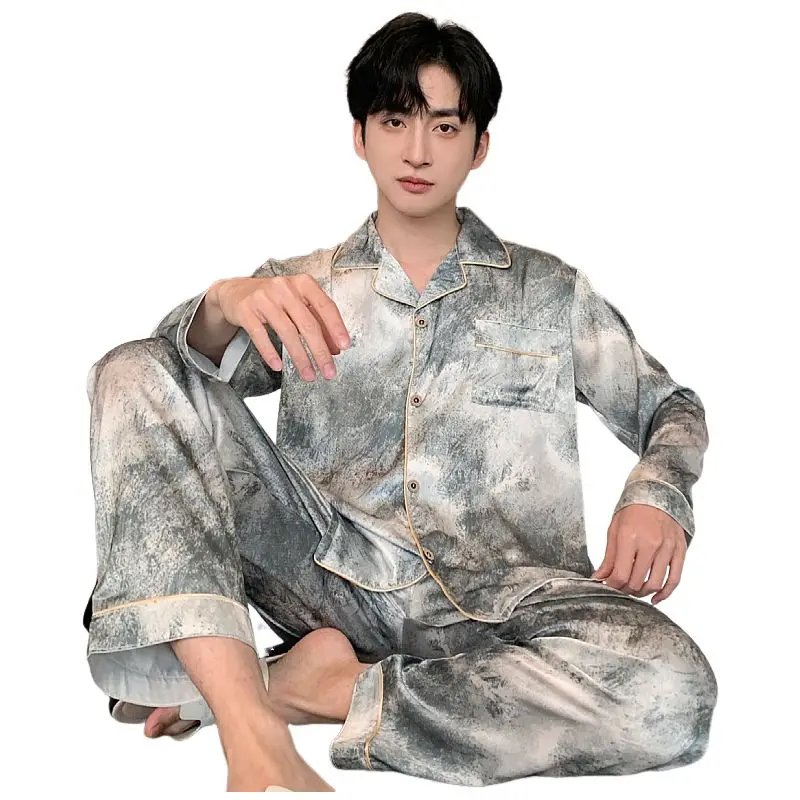 Factory Spring Ice Silk Men's Lapel Cardigan Long Sleeve Trousers Pajamas Men's Suit Sleepwear