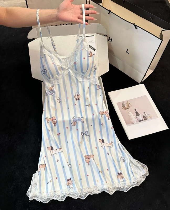 Factory Summer Camisole Nightgown with Chest Pads Floral Lace Trim Ice Silk Ribbed for Women