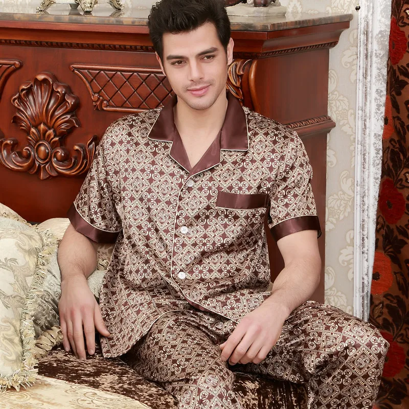 Factory Summer Ice Silk Thin Short Sleeve 2 Pieces Pajamas Sleepwear for Men