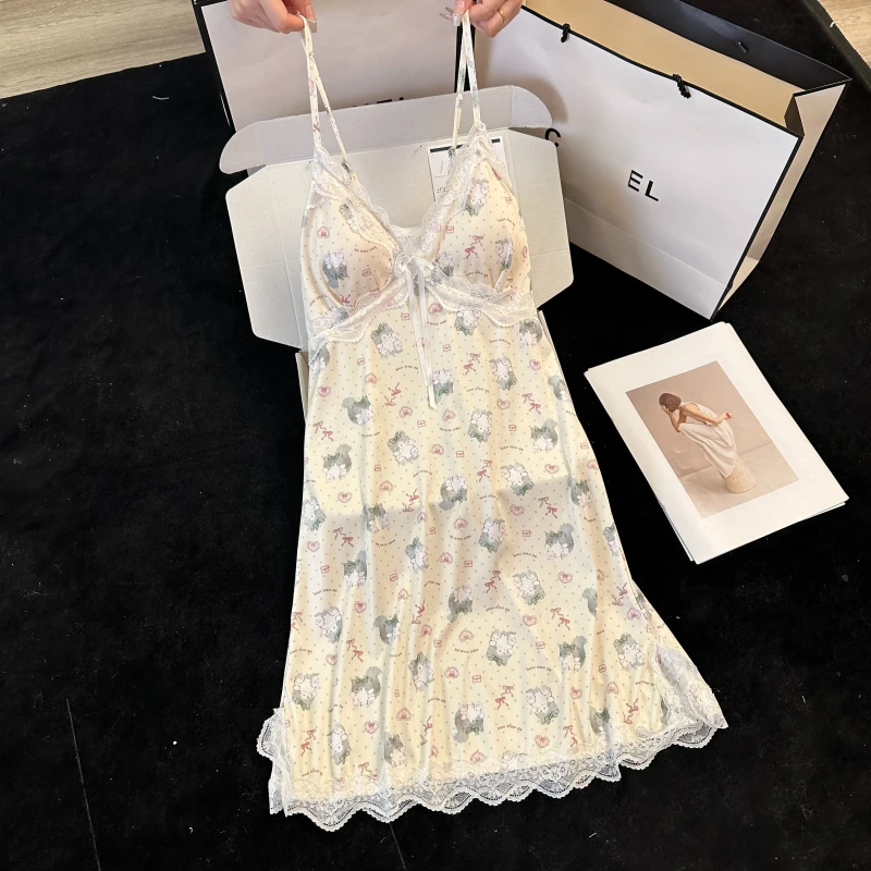 Factory Women Pajamas Breathable Satin Camisole Nightgown Casual Summer Cute Pattern Soft Girls Ice Silk Feeling Nightdress