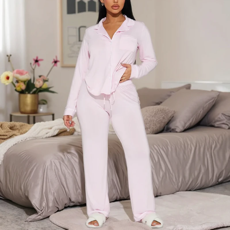 Factory Women's Autumn Winter Pajama Style Long-Sleeved Shirt Pants Home Wear Two-Piece Set Elastic Waist Front Solid