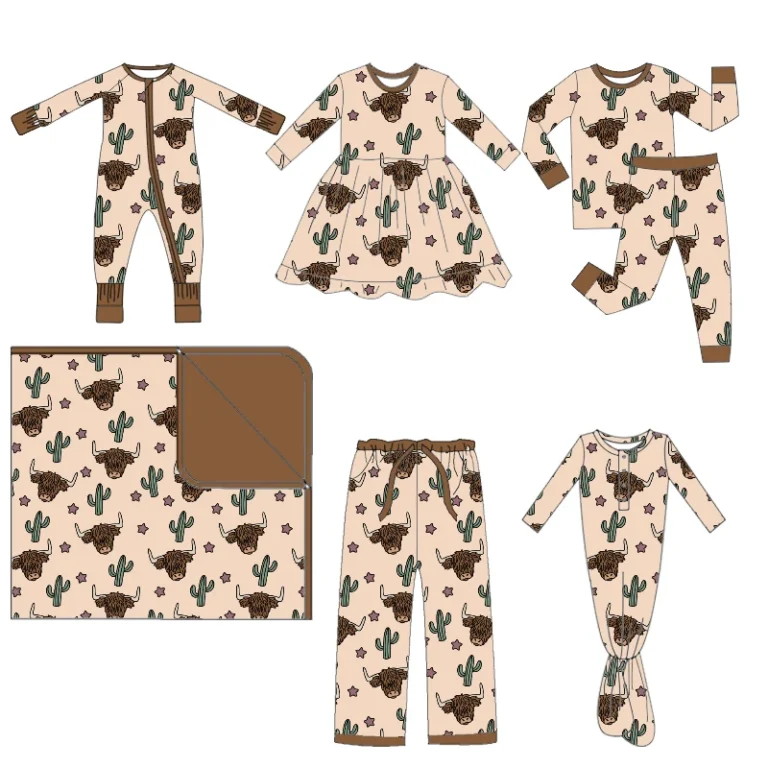 Fall-Custom-Mommy-and-Me-Bamboo-Matching-Clothes-Western-Theme-Women-Kids-Bamboo-Pajamas-Sleeper-Highland-Cow-Bamboo-Baby-Zippy
