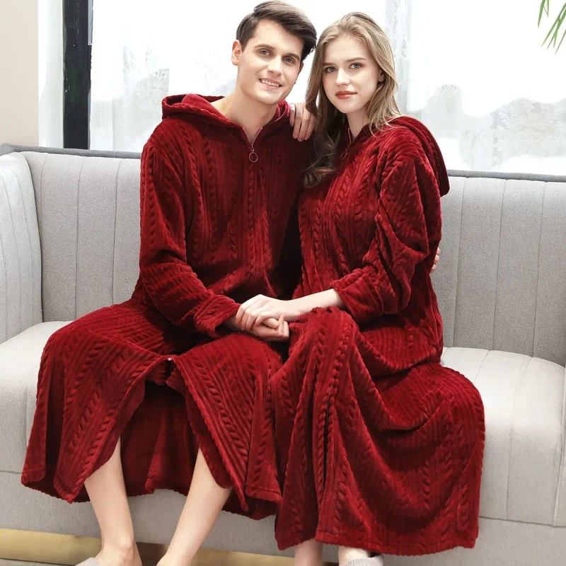 Fall Winter Large Size Zipper Padded Nightgown for Women and Men Warm Coral Velvet Bathrobe Lovers Nightdress Sleepwear