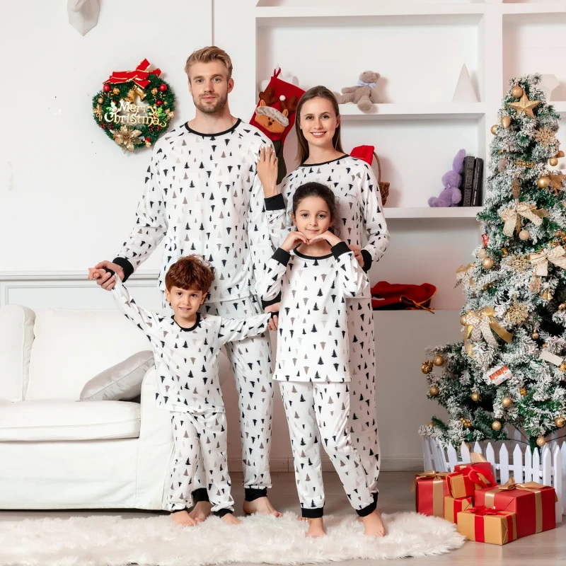 Family Christmas Pajama Set Holiday Sleepwear Long Sleeve Pullover Printed Pants Cotton Spandex Breathable Casual