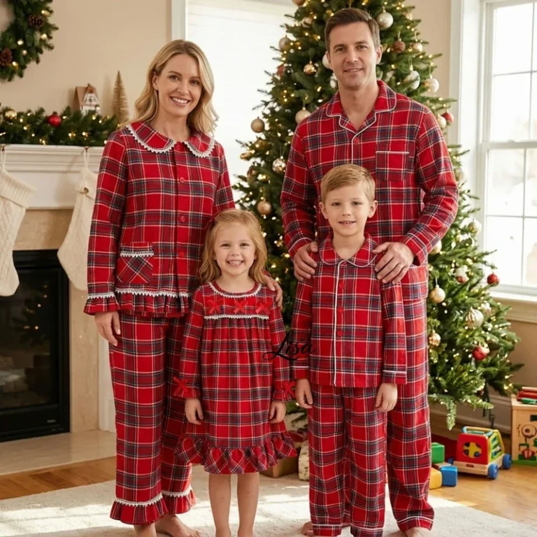 Family-Matching-Christmas-Pajamas-Set-Red-Plaid-Holiday-Sleepwear-Long-Sleeve-Flannel-Loungewear-Suit