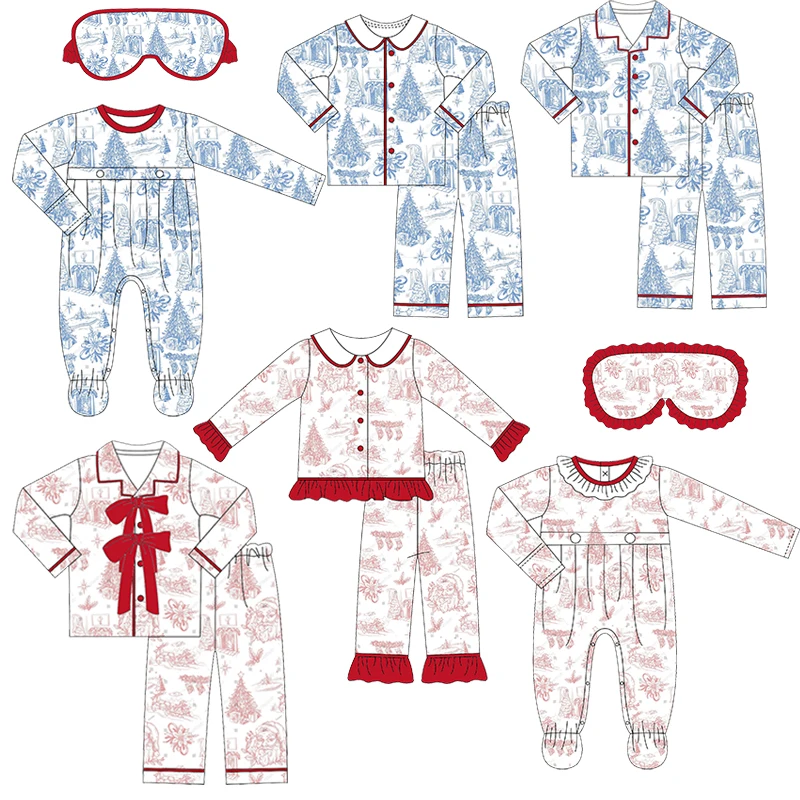 Family Matching Christmas Two Pieces Sleepwear Set Custom Winter and Fall Button Down Cotton Print Kids Winter Pajamas