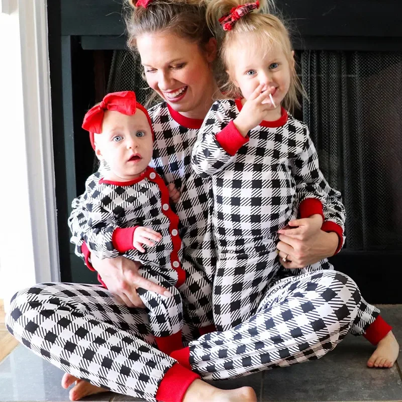 Family Matching Pajamas Set Tartan Butt Flap Baby Onesie Pajamas Toddler Girl Two Piece Pyjamas Personalized Pjs