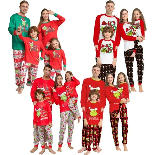Fashion Christmas Pajamas Mum Dad Kids Baby Matching Color Set Cute Reindeer Family Pjs Christmas Pajamas