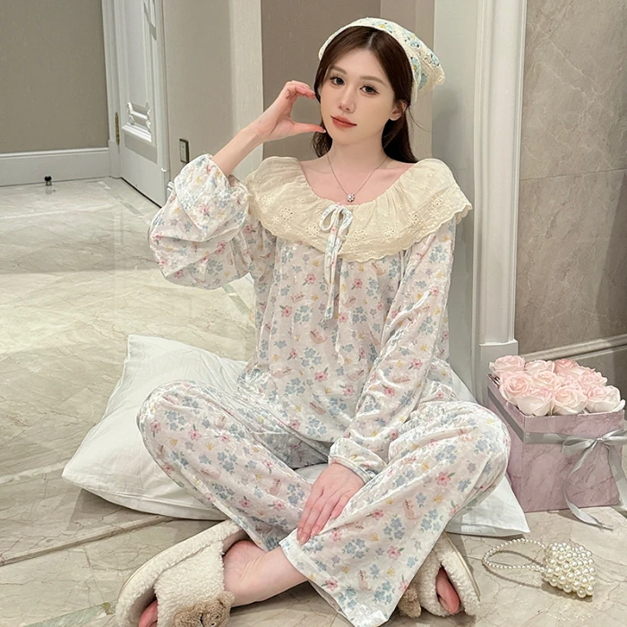 Fashion Pajamas Leisure Velvet Elegant for Women Night Suit Sweet Nightdress Lace Trim Soft Comfortable Sleepwear Home Set