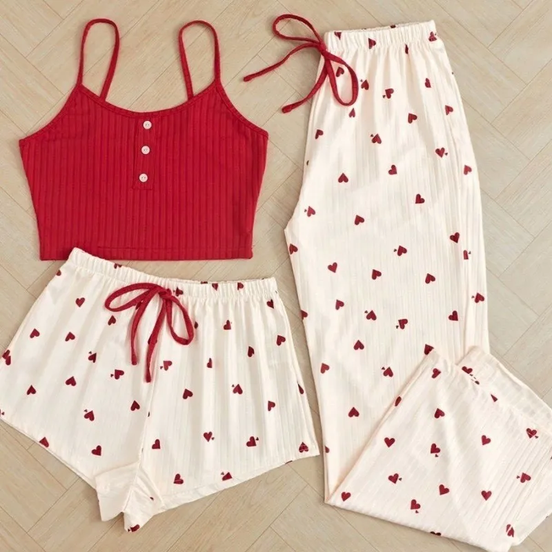 Fashion Printing Sweet Soft Sexy Camisole & Short & Long Pants 3 PCS Set Pyjamas Sleepwear Nightwear for Women Girls Home