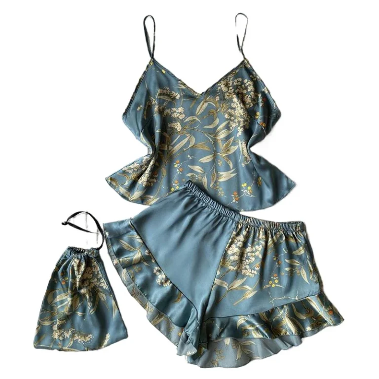 Fashion-Satin-Milk-Silk-Pajamas-Smooth-Flower-Homewear-Sexy-Nightgown-Women-Sleeveless-Short-Pants-Sleepwear-Set-Dress