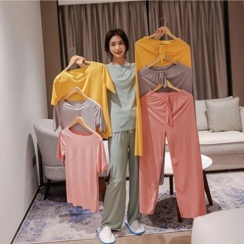 Female Home Clothes 2 Pcs Lady Home Suit Summer Lounge Wear Autumn Loose Homewear Pajamas Pants Set Women's Sleepwear