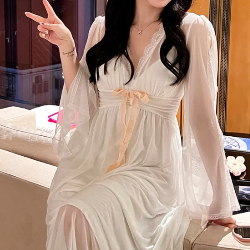 Female Home Dress Long Nightgown Retro Style Mesh Nightwear