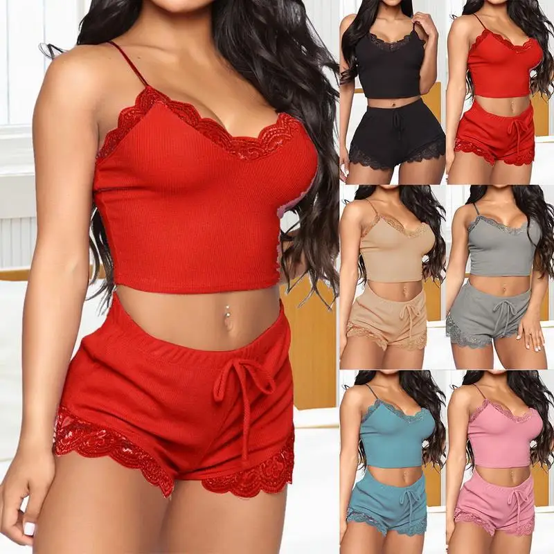 Female Sexy Camisole Shorts Pajamas Comfortable Lace Home Suit Set